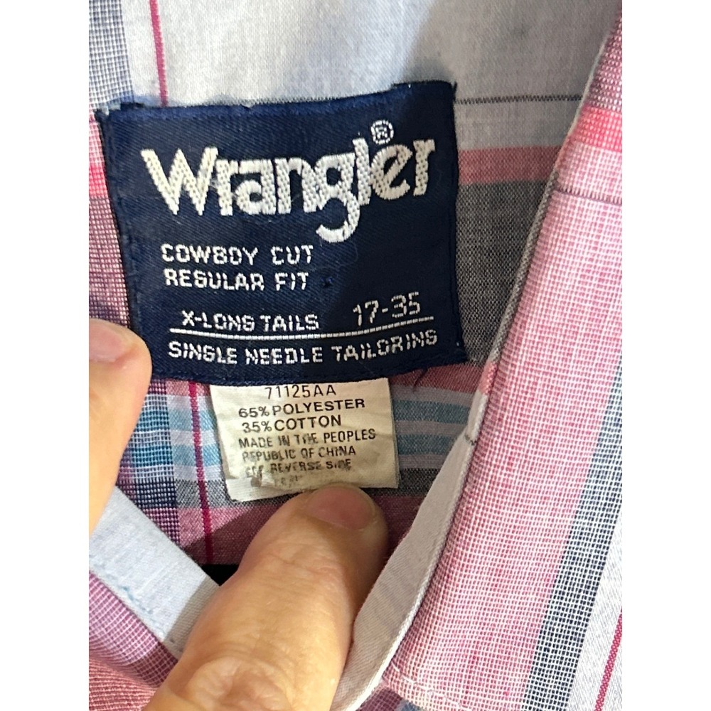 Wrangler Cowboy Cut Western Shirt Mens 17-35 Grey Pink Plaid Pearl Snap 71125AA - Picture 2 of 10